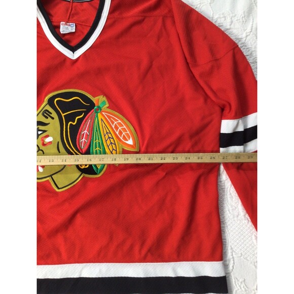 VINTAGE CCM Chicago Blackhawks Jersey Mens XXL Red NHL Ice Hockey Small BurnHole - Picture 9 of 10